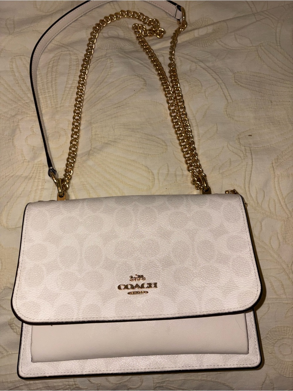 Coach Cream Signature Chain Flap Shoulder Bag